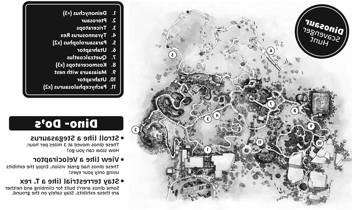 Map of the Desert Museum grounds with dinosaur locations marked, key, and behavior guidelines